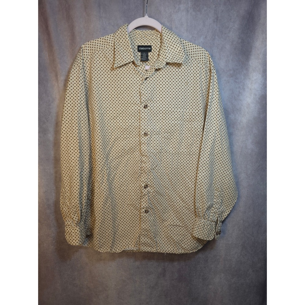 Claiborne Mens L Geometric Print Long Sleeve Button Up Shirt Beige Brown